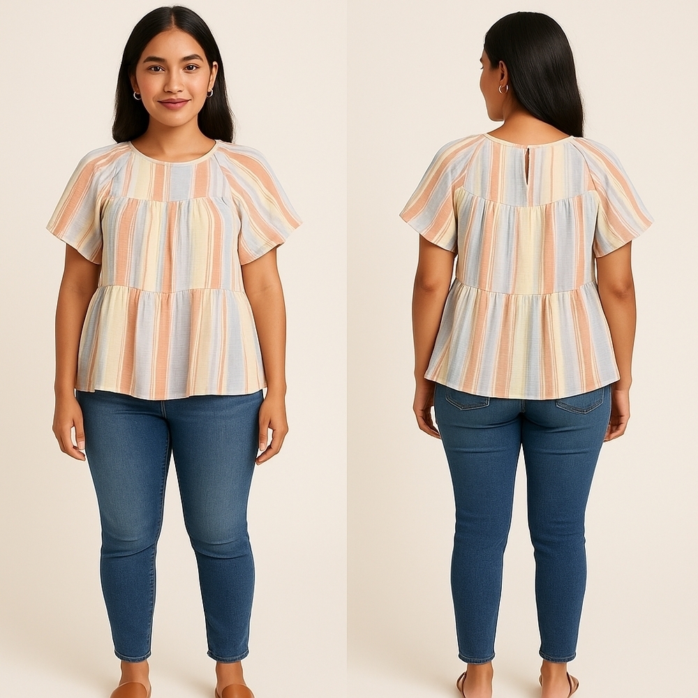 🌿 a.n.a Pastel Stripe Ruffle Hem Blouse XL